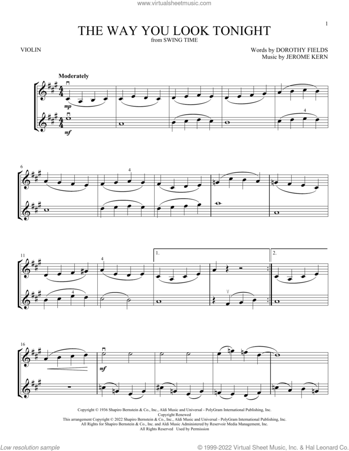 The Way You Look Tonight sheet music for two violins (duets, violin duets) by Jerome Kern and Dorothy Fields, intermediate skill level