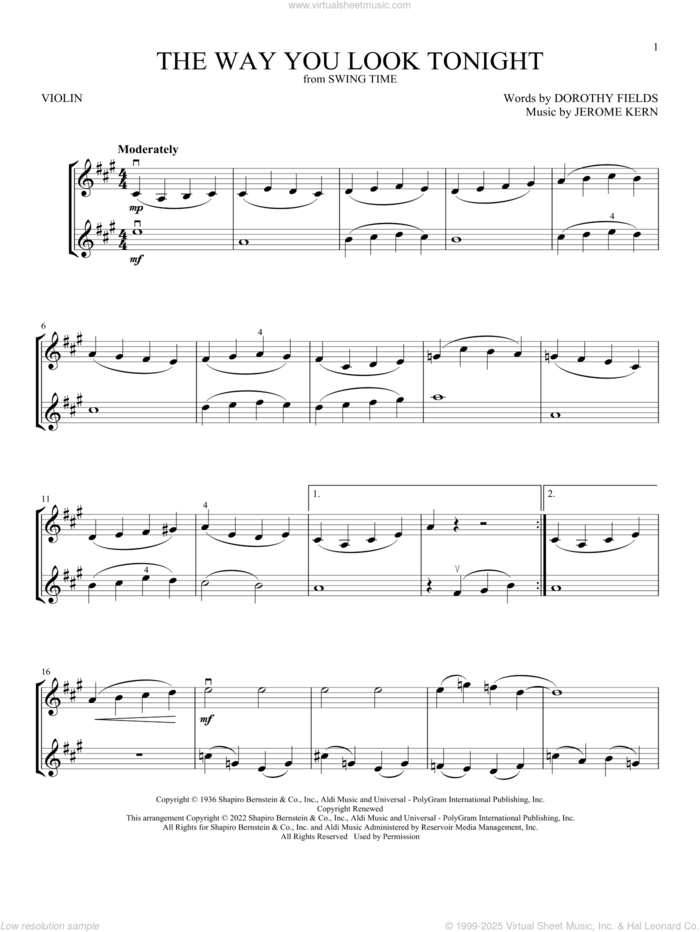 The Way You Look Tonight sheet music for two violins (duets, violin duets) by Jerome Kern and Dorothy Fields, intermediate skill level