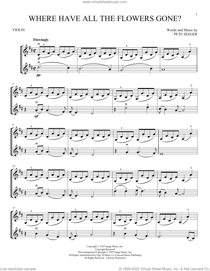 Where Have All The Flowers Gone? sheet music for two violins (duets, violin duets) by Pete Seeger and Peter, Paul & Mary, intermediate skill level