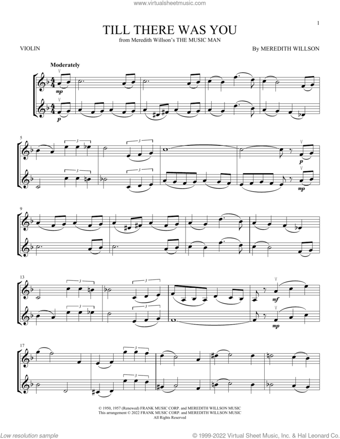 Till There Was You (from The Music Man) sheet music for two violins (duets, violin duets) by Meredith Willson and The Beatles, intermediate skill level