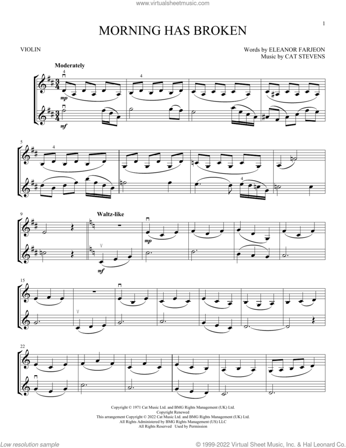 Morning Has Broken sheet music for two violins (duets, violin duets) by Cat Stevens and Eleanor Farjeon, intermediate skill level