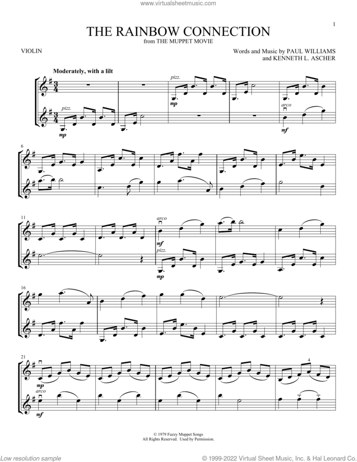 The Rainbow Connection sheet music for two violins (duets, violin duets) by Paul Williams and Kenneth L. Ascher, intermediate skill level