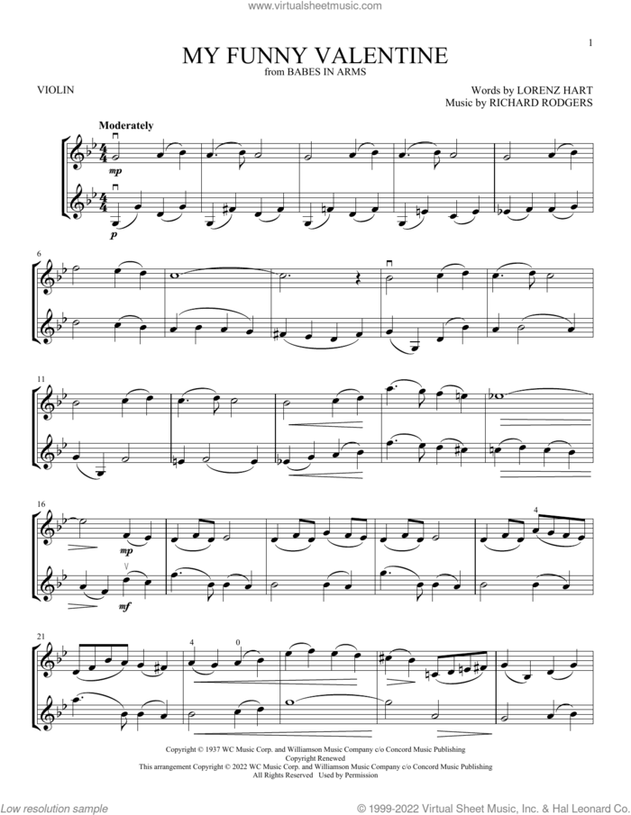 My Funny Valentine sheet music for two violins (duets, violin duets) by Richard Rodgers, Lorenz Hart and Rodgers & Hart, intermediate skill level