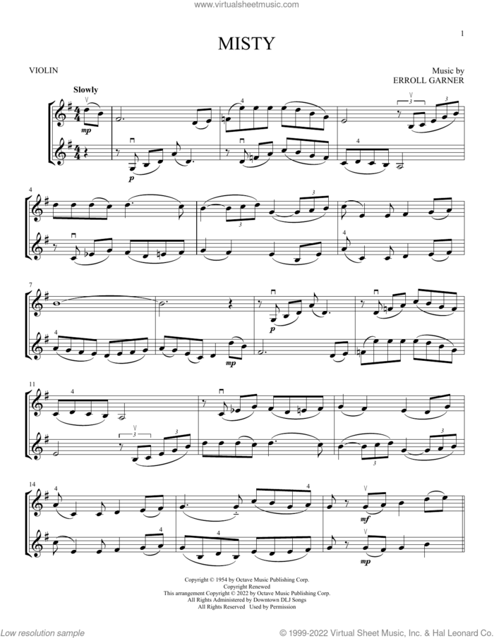Misty sheet music for two violins (duets, violin duets) by John Burke, Johnny Mathis and Erroll Garner, intermediate skill level