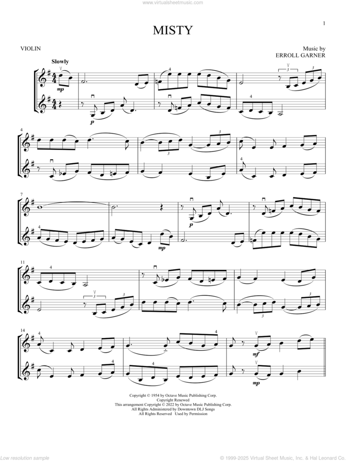 Misty sheet music for two violins (duets, violin duets) by John Burke, Johnny Mathis and Erroll Garner, intermediate skill level