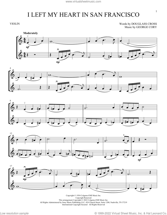 I Left My Heart In San Francisco sheet music for two violins (duets, violin duets) by Tony Bennett, Douglass Cross and George Cory, intermediate skill level