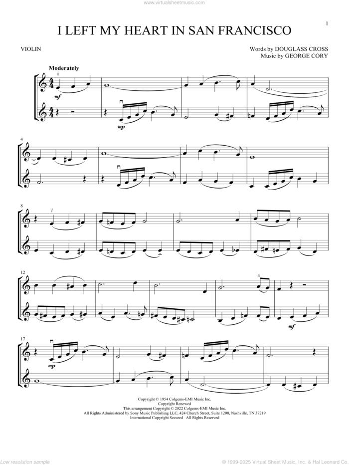 I Left My Heart In San Francisco sheet music for two violins (duets, violin duets) by Tony Bennett, Douglass Cross and George Cory, intermediate skill level