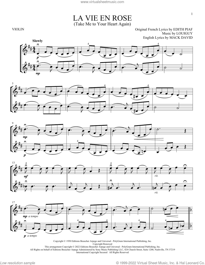 La Vie En Rose (Take Me To Your Heart Again) sheet music for two violins (duets, violin duets) by Edith Piaf, Mack David and Marcel Louiguy, intermediate skill level
