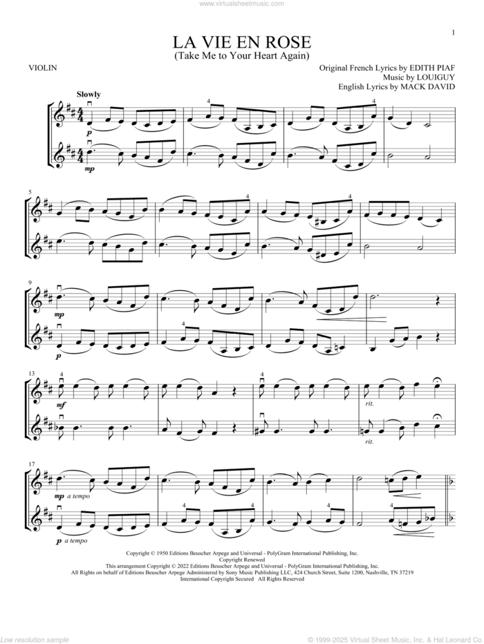 La Vie En Rose (Take Me To Your Heart Again) sheet music for two violins (duets, violin duets) by Edith Piaf, Mack David and Marcel Louiguy, intermediate skill level