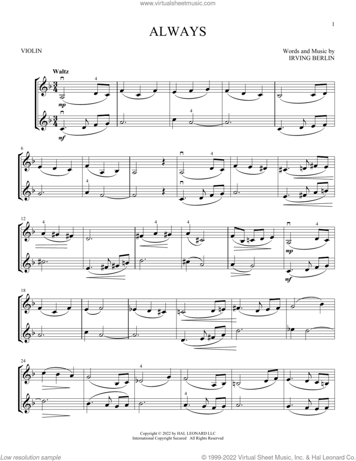 Always sheet music for two violins (duets, violin duets) by Irving Berlin, Billie Holiday, Frank Sinatra and Patsy Cline, intermediate skill level