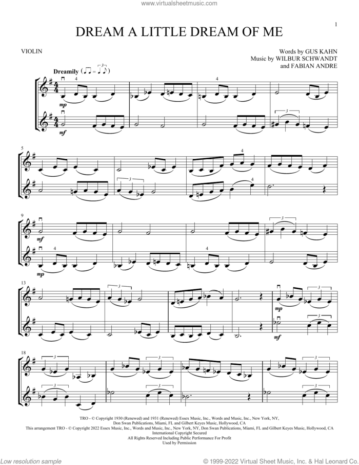 Dream A Little Dream Of Me sheet music for two violins (duets, violin duets) by The Mamas & The Papas, Fabian Andre, Gus Kahn and Wilbur Schwandt, intermediate skill level