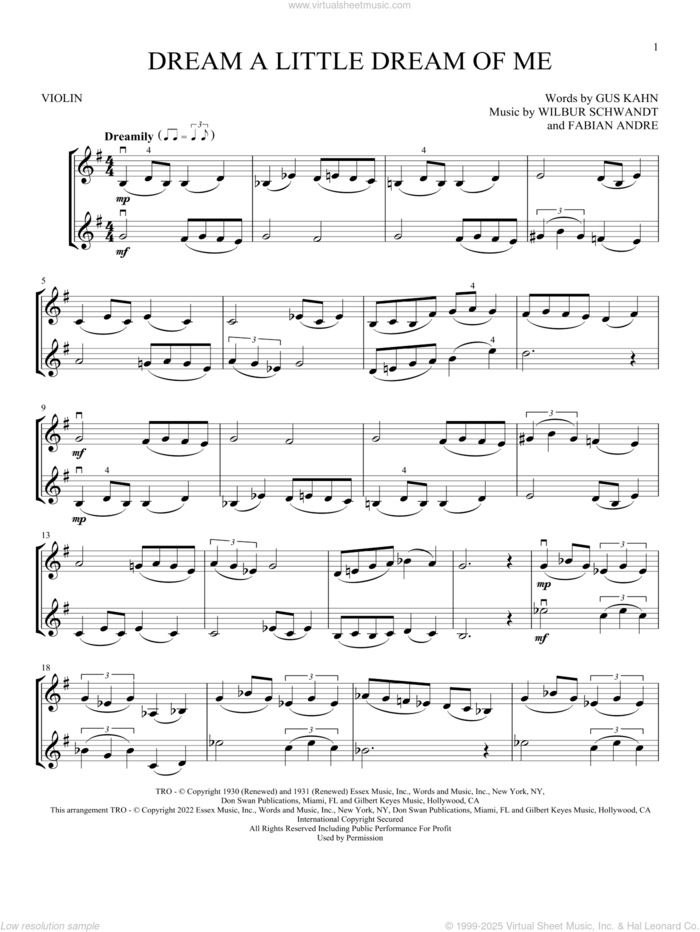 Dream A Little Dream Of Me sheet music for two violins (duets, violin duets) by The Mamas & The Papas, Fabian Andre, Gus Kahn and Wilbur Schwandt, intermediate skill level