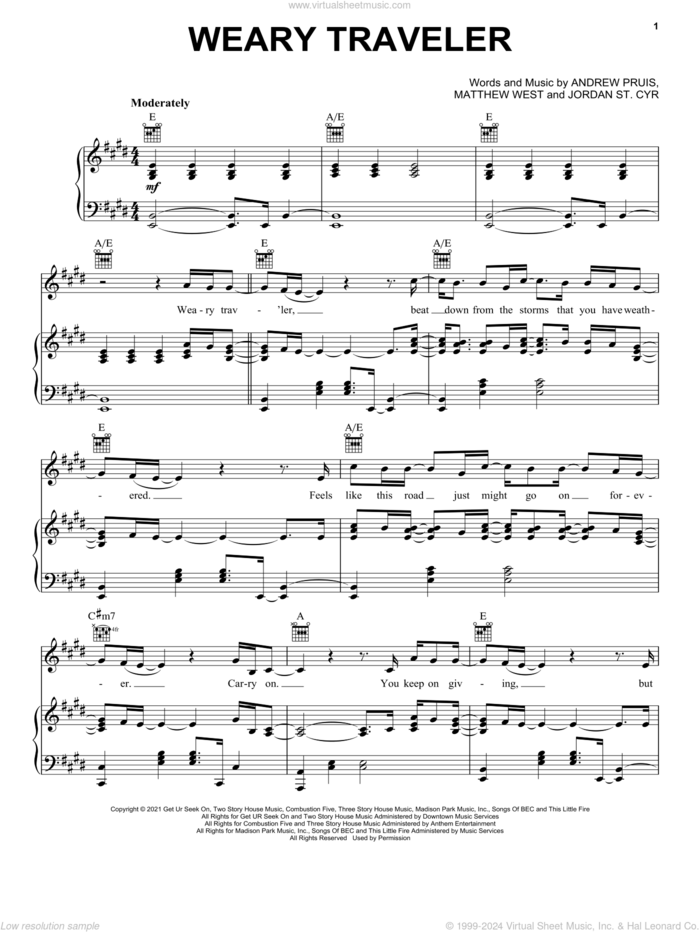 Weary Traveler sheet music for voice, piano or guitar by Jordan St. Cyr, Andrew Jacob Pruis and Matthew Joseph West, intermediate skill level