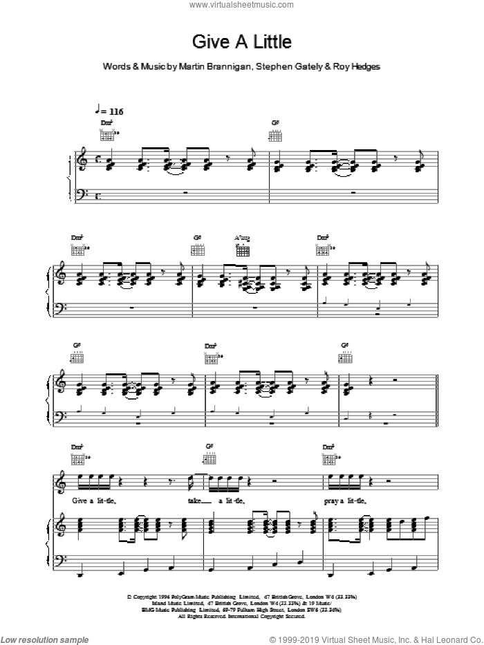 Give A Little sheet music for voice, piano or guitar by Boyzone, intermediate skill level