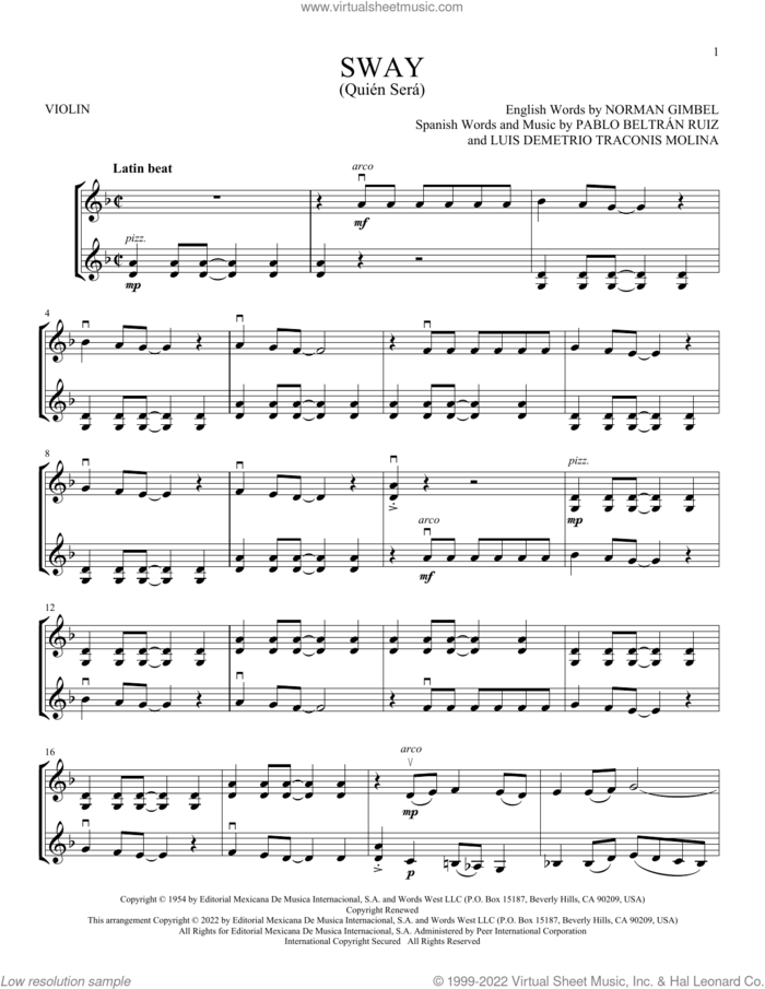 Sway (Quien Sera) sheet music for two violins (duets, violin duets) by Dean Martin, Luis Demetrio Traconis Molina, Norman Gimbel and Pablo Beltran Ruiz, intermediate skill level