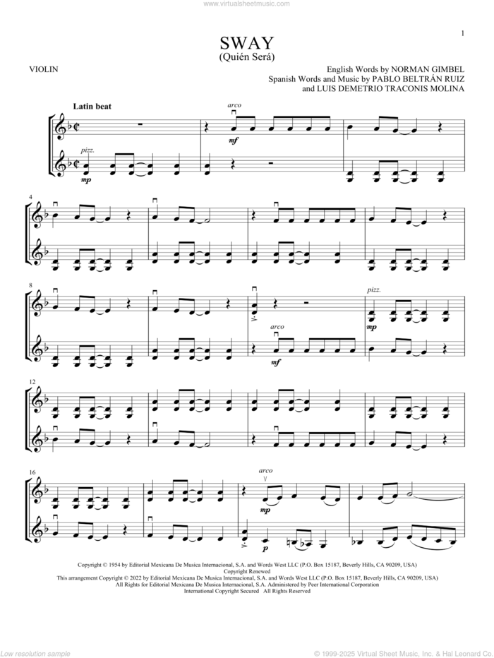 Sway (Quien Sera) sheet music for two violins (duets, violin duets) by Dean Martin, Luis Demetrio Traconis Molina, Norman Gimbel and Pablo Beltran Ruiz, intermediate skill level