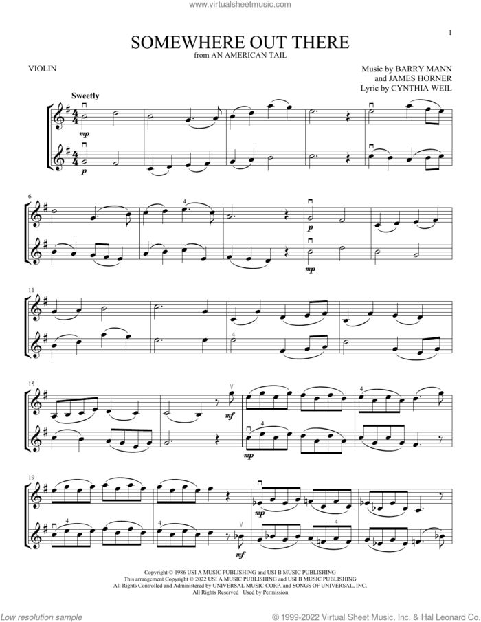 Somewhere Out There (from An American Tail) sheet music for two violins (duets, violin duets) by Linda Ronstadt & James Ingram, Barry Mann, Cynthia Weil and James Horner, intermediate skill level