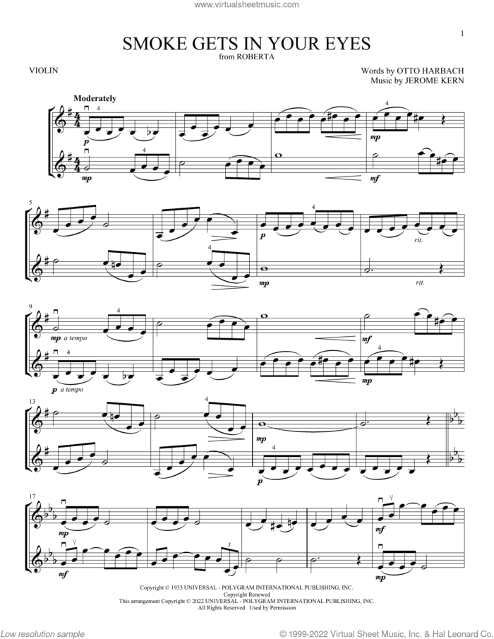 Smoke Gets In Your Eyes sheet music for two violins (duets, violin duets) by The Platters, Jerome Kern and Otto Harbach, intermediate skill level