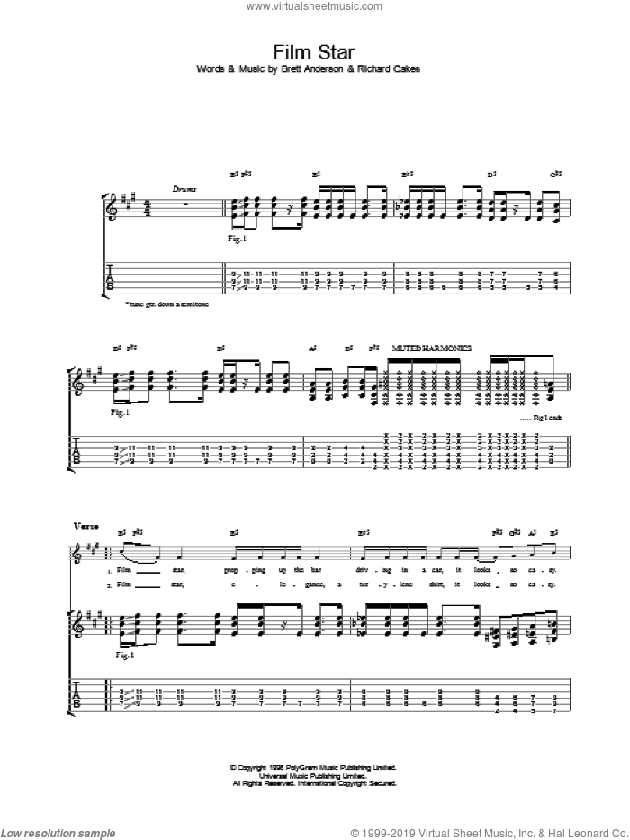 Film Star sheet music for guitar (tablature) by Suede, intermediate skill level