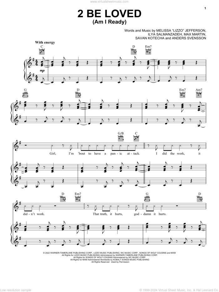 2 Be Loved (Am I Ready) sheet music for voice, piano or guitar by Lizzo, Anders Svensson, Ilya Salmanzadeh, Max Martin, Melissa Jefferson and Savan Kotecha, intermediate skill level