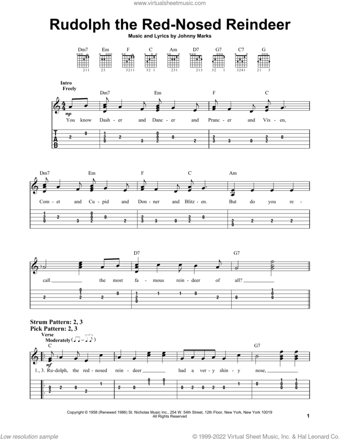 Rudolph The Red-Nosed Reindeer sheet music for guitar solo (easy tablature) by Johnny Marks, easy guitar (easy tablature)