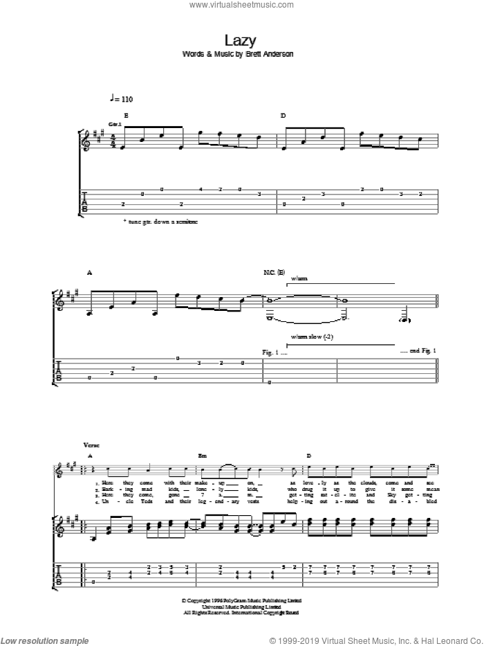 Lazy sheet music for guitar (tablature) by Suede, intermediate skill level