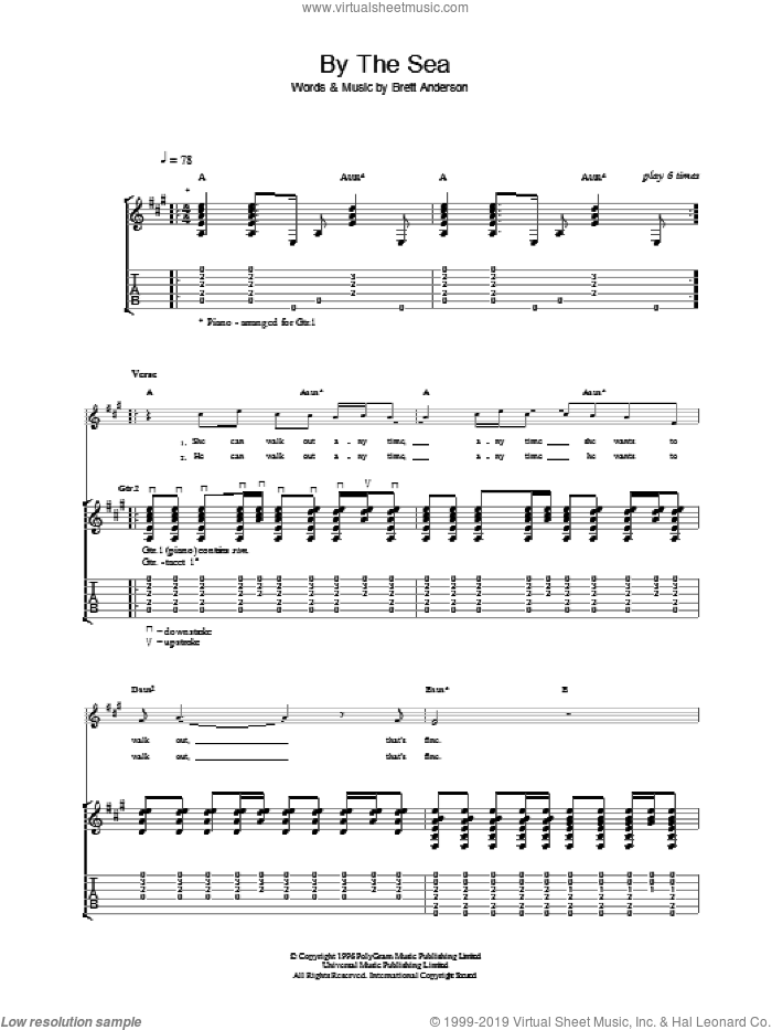 By The Sea sheet music for guitar (tablature) by Suede, intermediate skill level