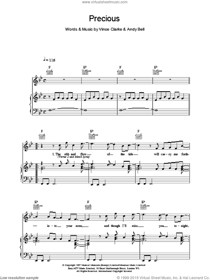 Precious sheet music for voice, piano or guitar by Erasure, intermediate skill level