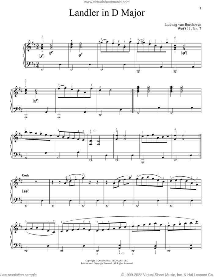 Landler In D Major, WoO 11, No. 7 sheet music for piano solo by Ludwig van Beethoven, classical score, intermediate skill level