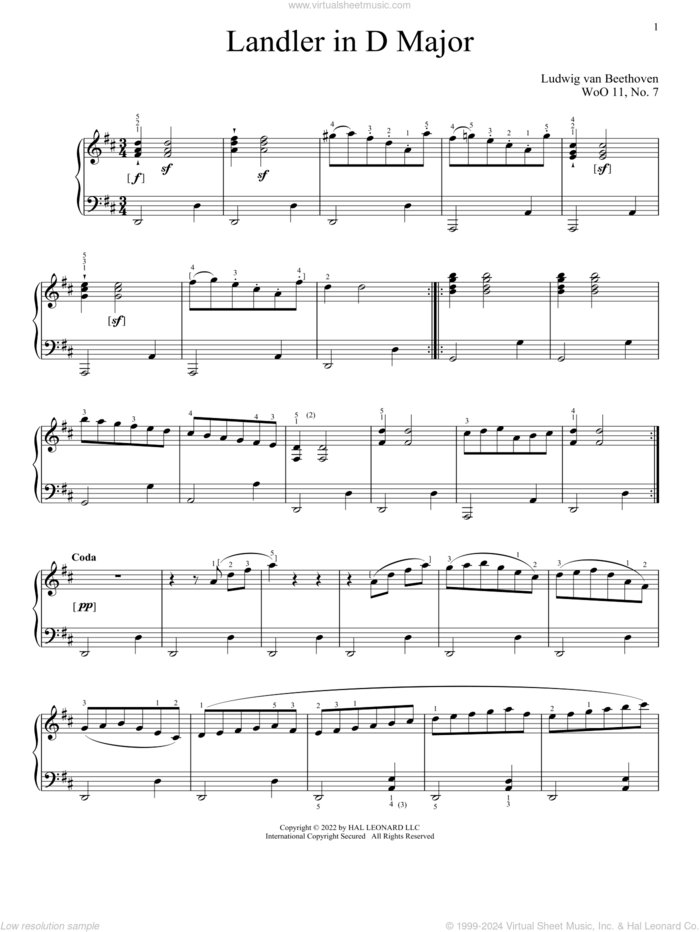 Landler In D Major, WoO 11, No. 7 sheet music for piano solo by Ludwig van Beethoven, classical score, intermediate skill level