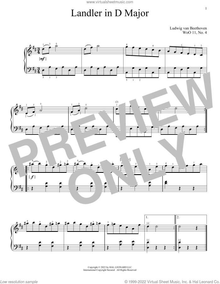 Landler In D Minor, WoO 11, No. 4 sheet music for piano solo by Ludwig van Beethoven, classical score, intermediate skill level