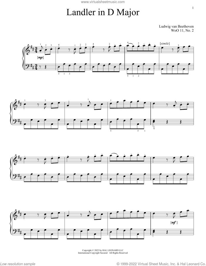 Landler In D Major, WoO 11, No. 2 sheet music for piano solo by Ludwig van Beethoven, classical score, intermediate skill level