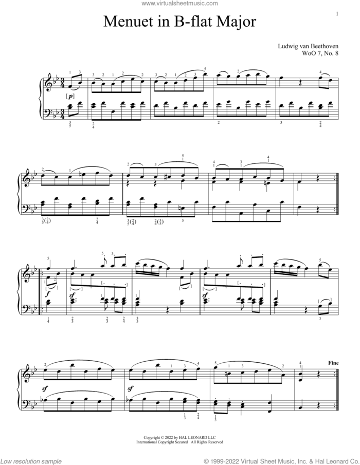 Minuet In B-Flat, WoO 7, No. 8 sheet music for piano solo by Ludwig van Beethoven, classical score, intermediate skill level