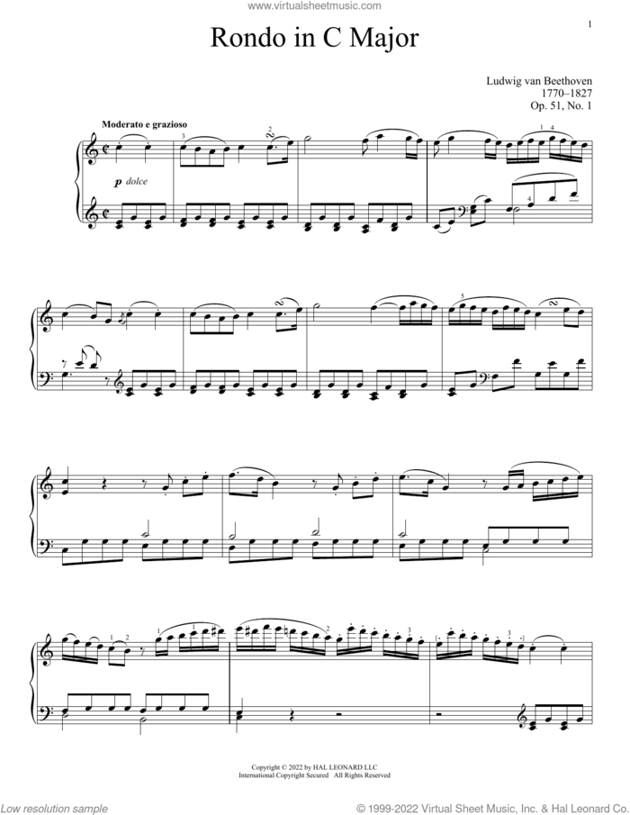 Rondo In C Major, Op. 51, No. 1 sheet music for piano solo by Ludwig van Beethoven, classical score, intermediate skill level