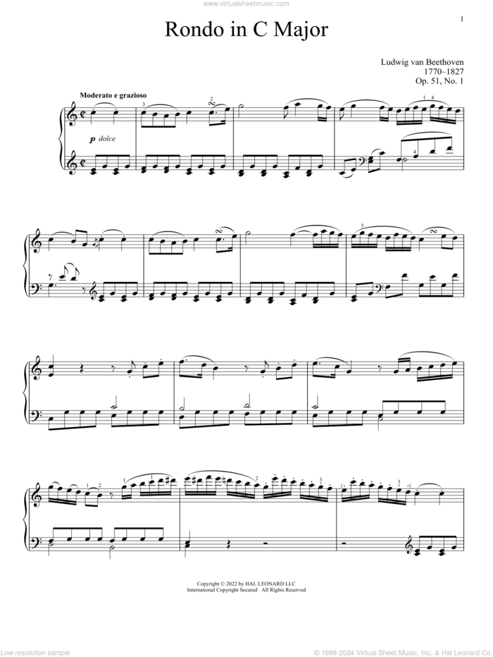 Rondo In C Major, Op. 51, No. 1 sheet music for piano solo by Ludwig van Beethoven, classical score, intermediate skill level