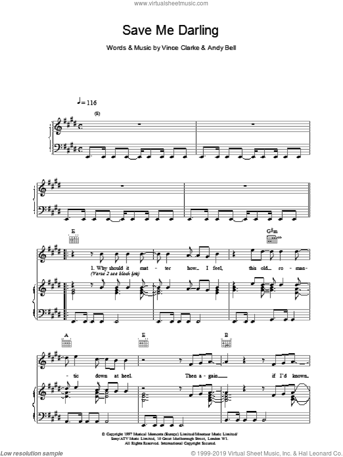 Save Me Darling sheet music for voice, piano or guitar by Erasure, intermediate skill level