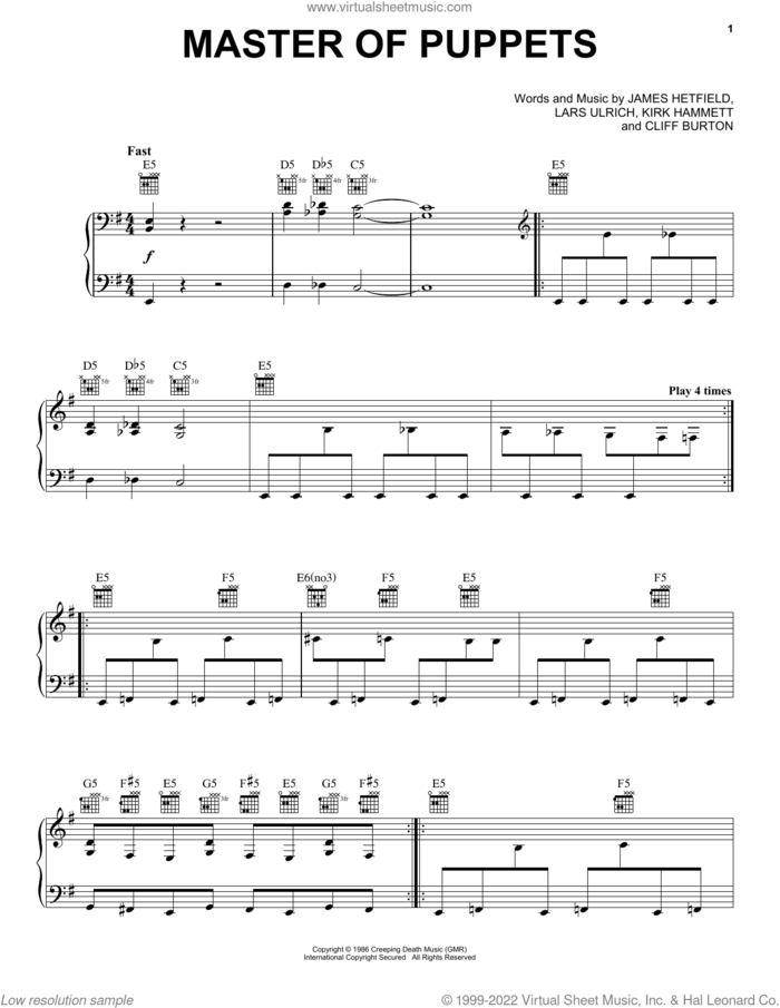 Master Of Puppets sheet music for voice, piano or guitar by Metallica, Cliff Burton, James Hetfield, Kirk Hammett and Lars Ulrich, intermediate skill level