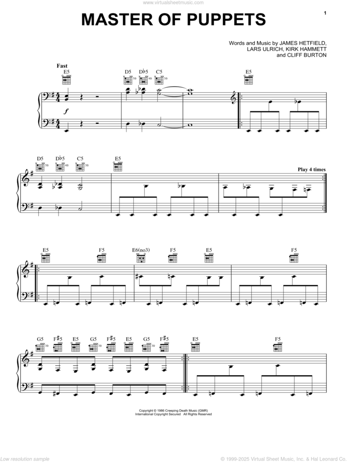 Master Of Puppets sheet music for voice, piano or guitar by Metallica, Cliff Burton, James Hetfield, Kirk Hammett and Lars Ulrich, intermediate skill level