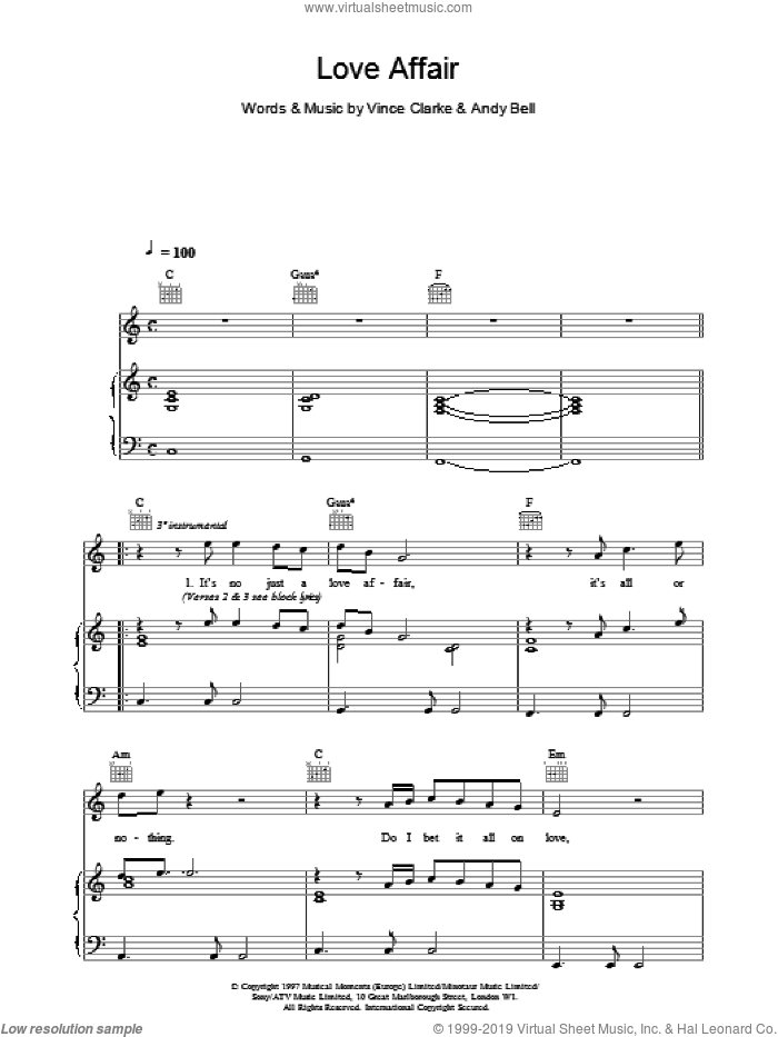 Love Affair sheet music for voice, piano or guitar by Erasure, intermediate skill level