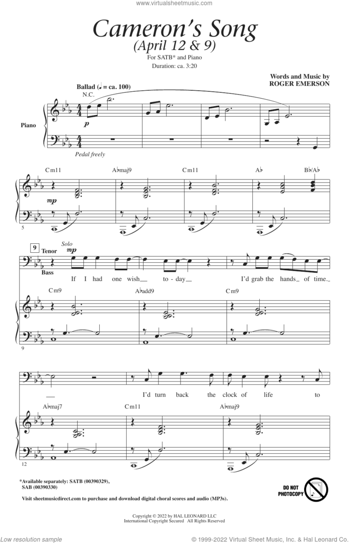 Cameron's Song sheet music for choir (SATB: soprano, alto, tenor, bass) by Roger Emerson, intermediate skill level