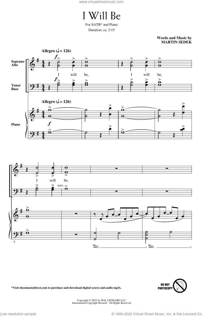 I Will Be sheet music for choir (SATB: soprano, alto, tenor, bass) by Martin Sedek, intermediate skill level