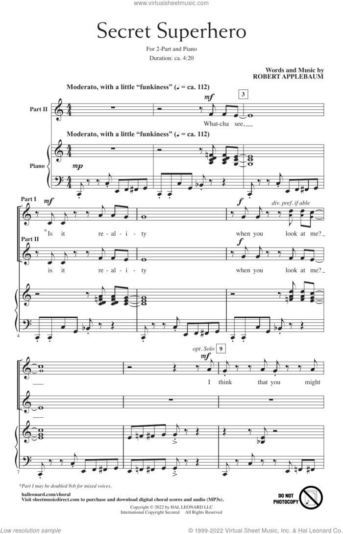 Secret Superhero sheet music for choir (2-Part) by Robert Applebaum, intermediate duet