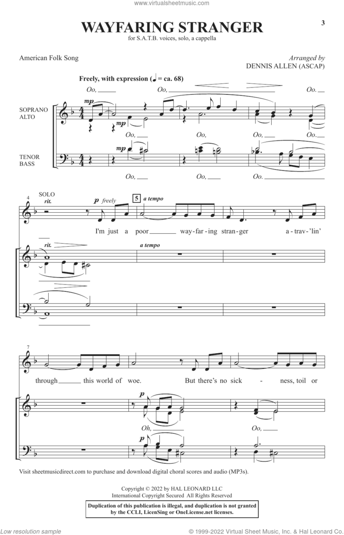 Wayfaring Stranger (arr. Dennis Allen) sheet music for choir (SATB: soprano, alto, tenor, bass)  and Dennis Allen, intermediate skill level