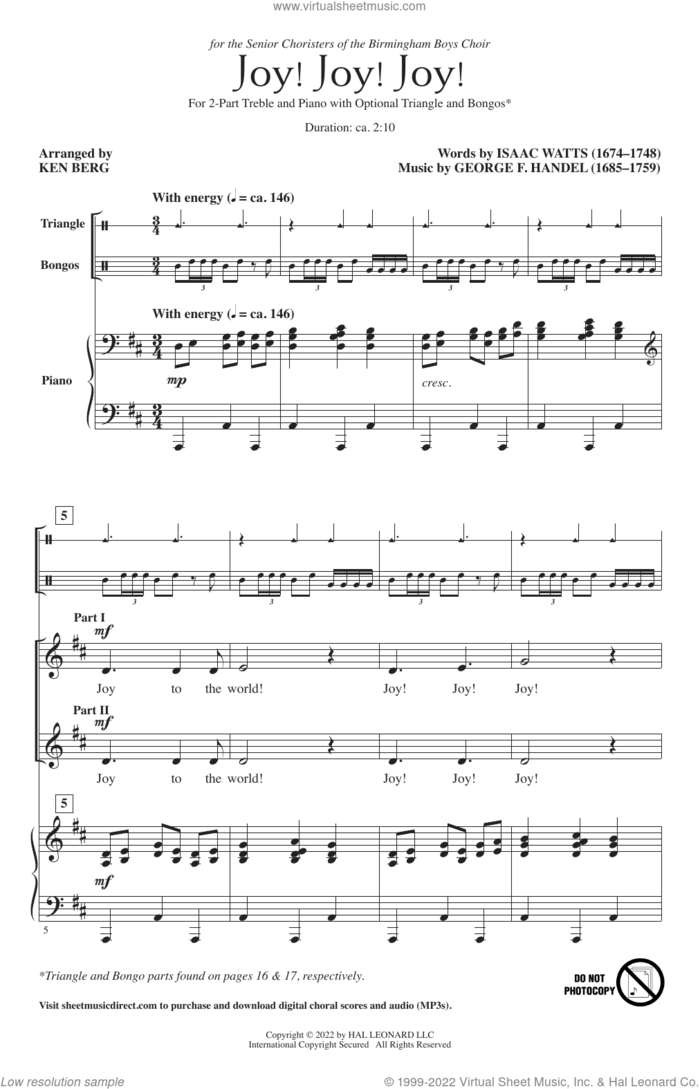 Joy! Joy! Joy! (arr. Ken Berg) sheet music for choir (2-Part) by George Frideric Handel, Ken Berg and Isaac Watts, intermediate duet