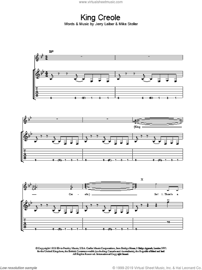 King Creole sheet music for guitar (tablature) by Elvis Presley, Leiber & Stoller, Jerry Leiber and Mike Stoller, intermediate skill level