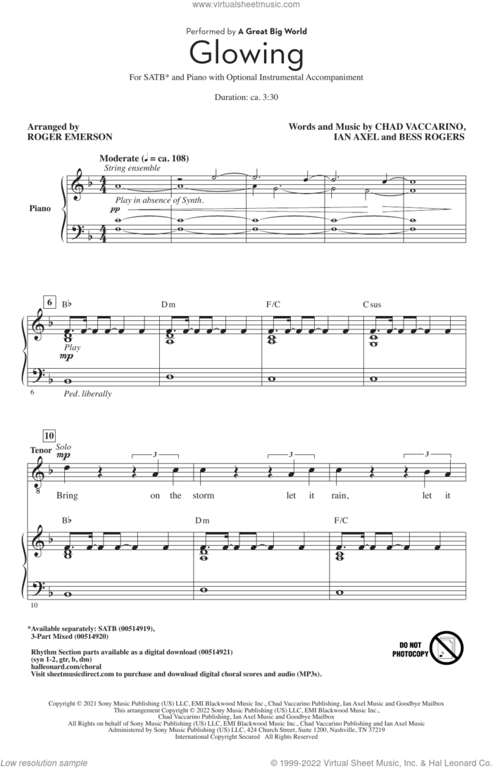 Glowing (arr. Roger Emerson) sheet music for choir (SATB: soprano, alto, tenor, bass) by A Great Big World, Roger Emerson, Bess Rogers, Chad Vaccarino and Ian Axel, intermediate skill level