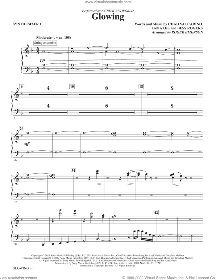 Glowing (arr. Roger Emerson) (complete set of parts) sheet music for orchestra/band by Roger Emerson, A Great Big World, Bess Rogers, Chad Vaccarino and Ian Axel, intermediate skill level