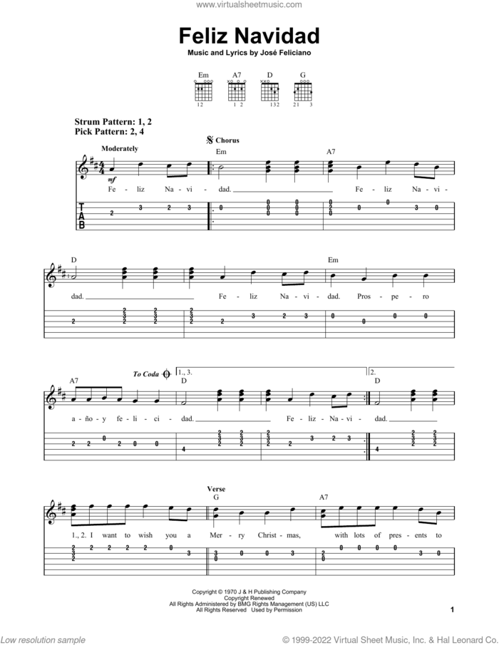 Feliz Navidad sheet music for guitar solo (easy tablature) by Jose Feliciano, easy guitar (easy tablature)