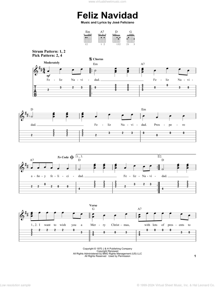 Feliz Navidad sheet music for guitar solo (easy tablature) by Jose Feliciano, easy guitar (easy tablature)