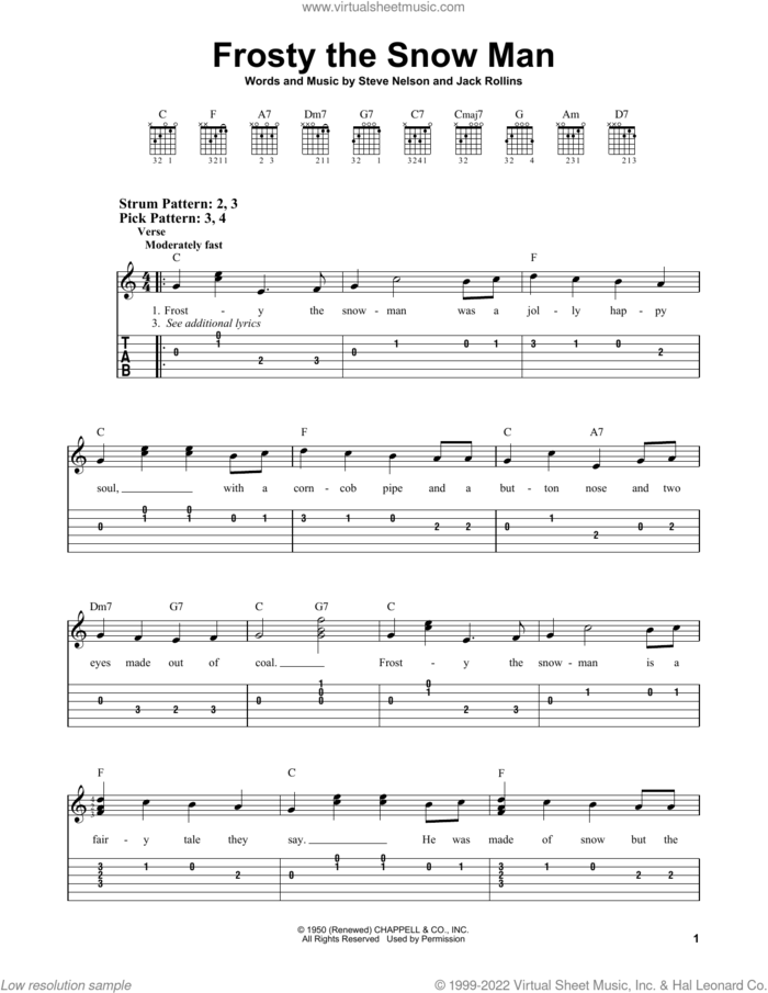 Frosty The Snow Man (arr. Mark Phillips) sheet music for guitar solo (easy tablature) by Gene Autry, Jack Rollins and Steve Nelson, easy guitar (easy tablature)